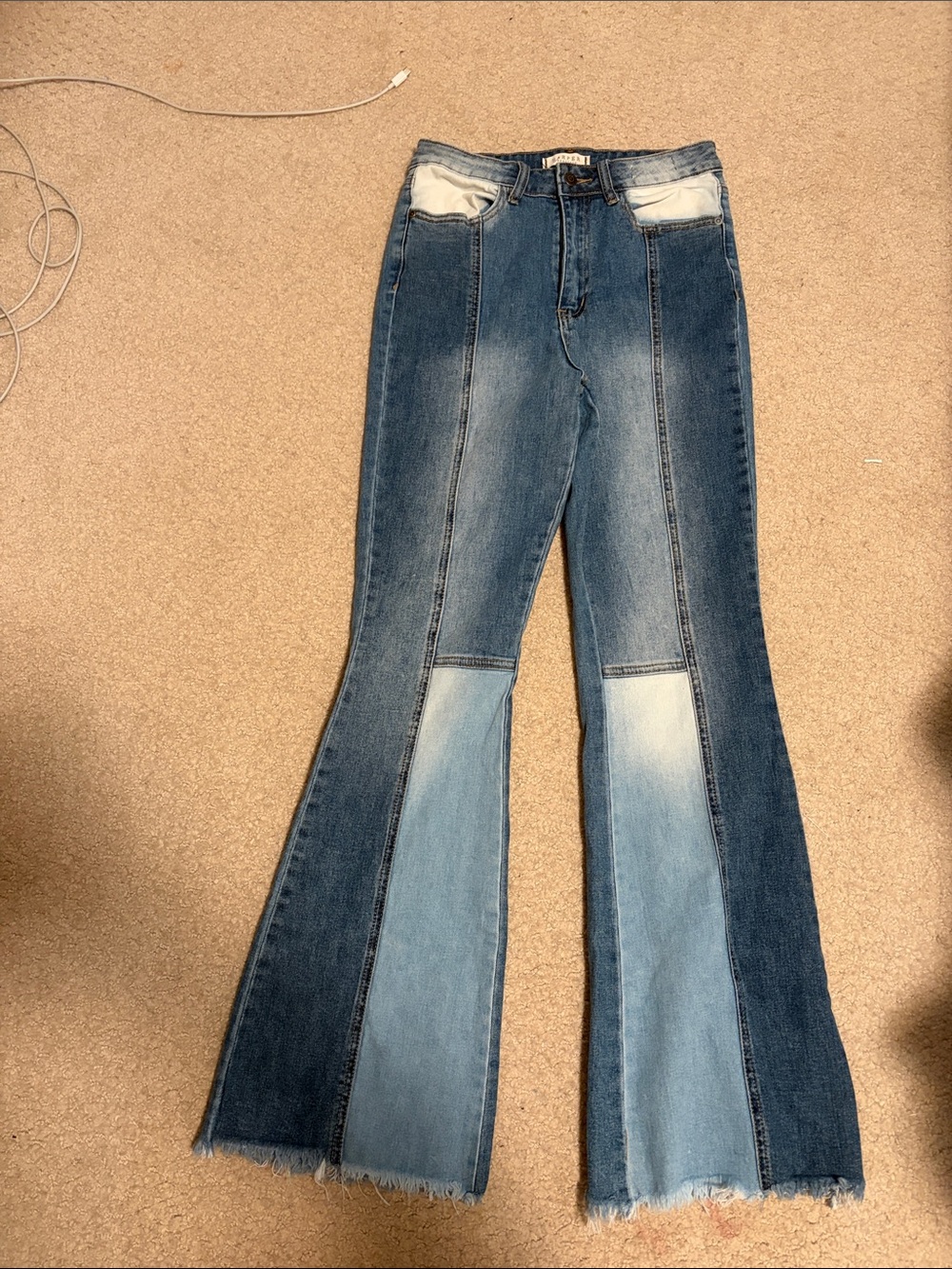 Two-Tone Denim Panel Flare Jeans - Blue